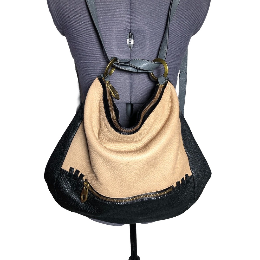 OrYany Leather Backpack Shoulder Bag Purse Black Tan Colorblock Boho Pebbled - Picture 3 of 14